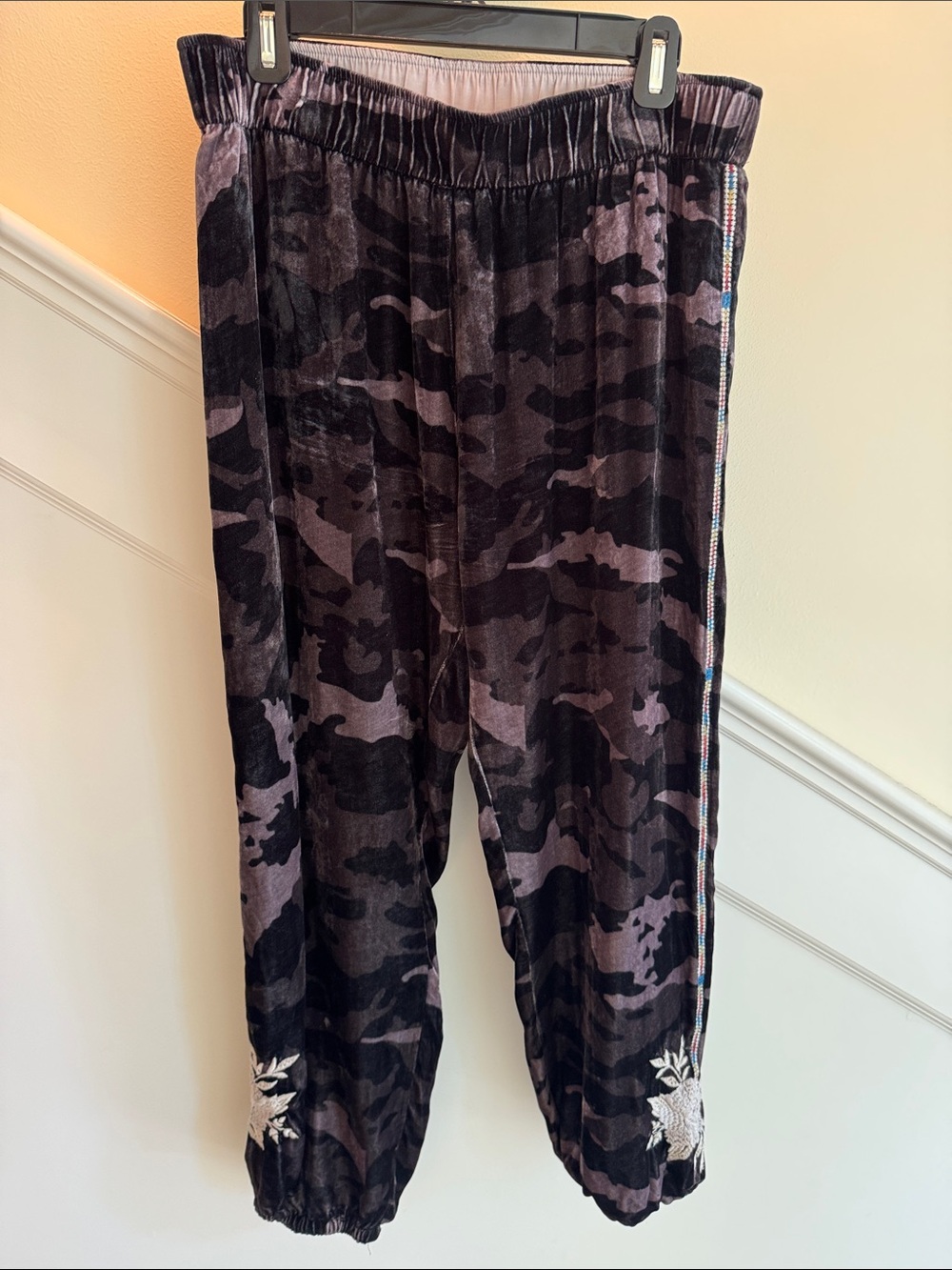 Johnny Was Black & Gray Velvet Camo Track Pants with Embroidered Hem
